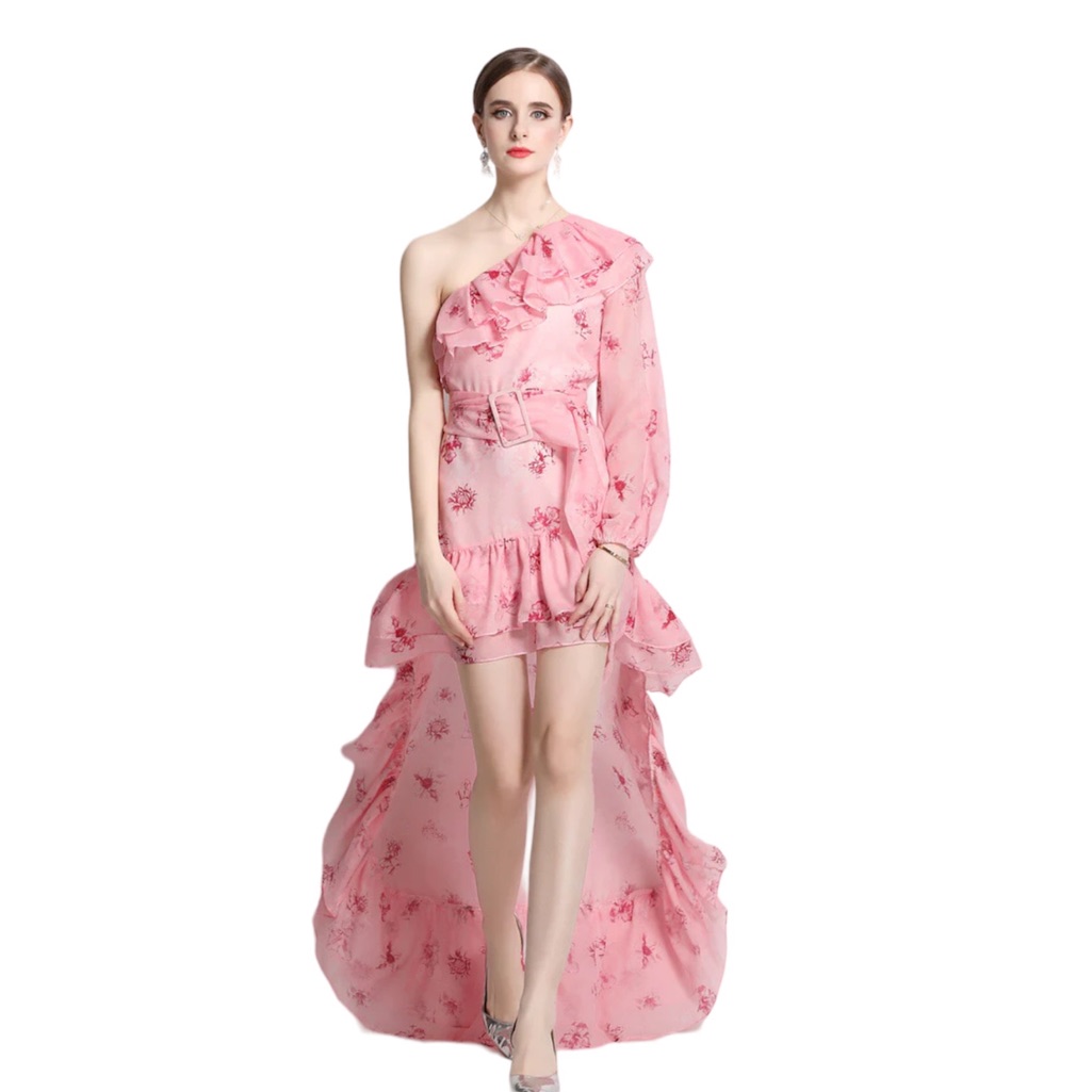 Burryco Pink Floral One Shoulder Ruffle Belted Waist High Low Mini Midi Dress